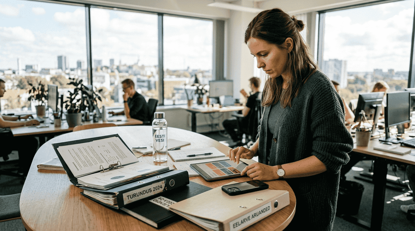 Töötaja haldab viiteid avatud kontoriruumis.