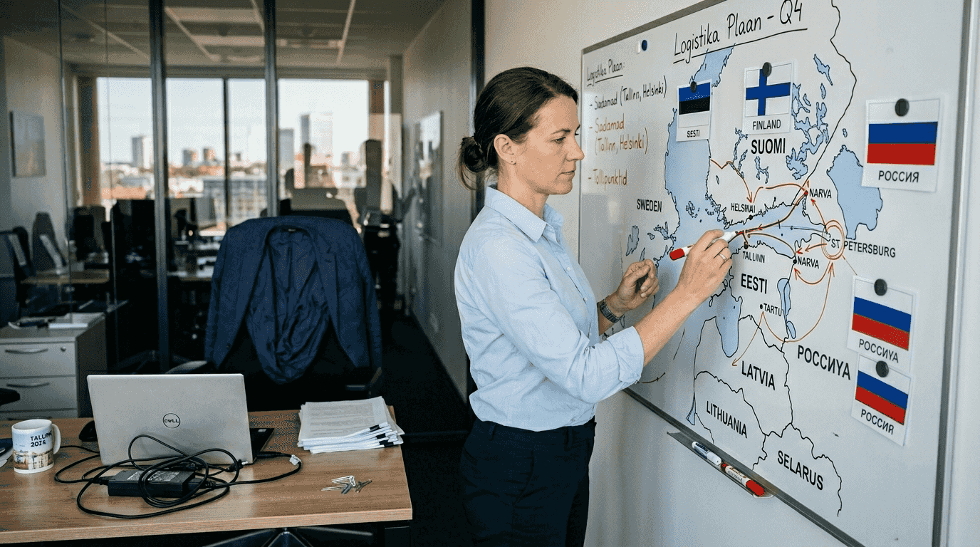 Juht tõstab esile erinevaid turge mitmekeelses kontoris tahvlil.