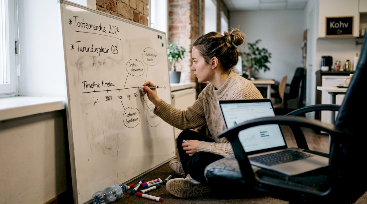 Naine kavandab digistrateegiat tahvlil, märkides olulisi samme ja eesmärke.