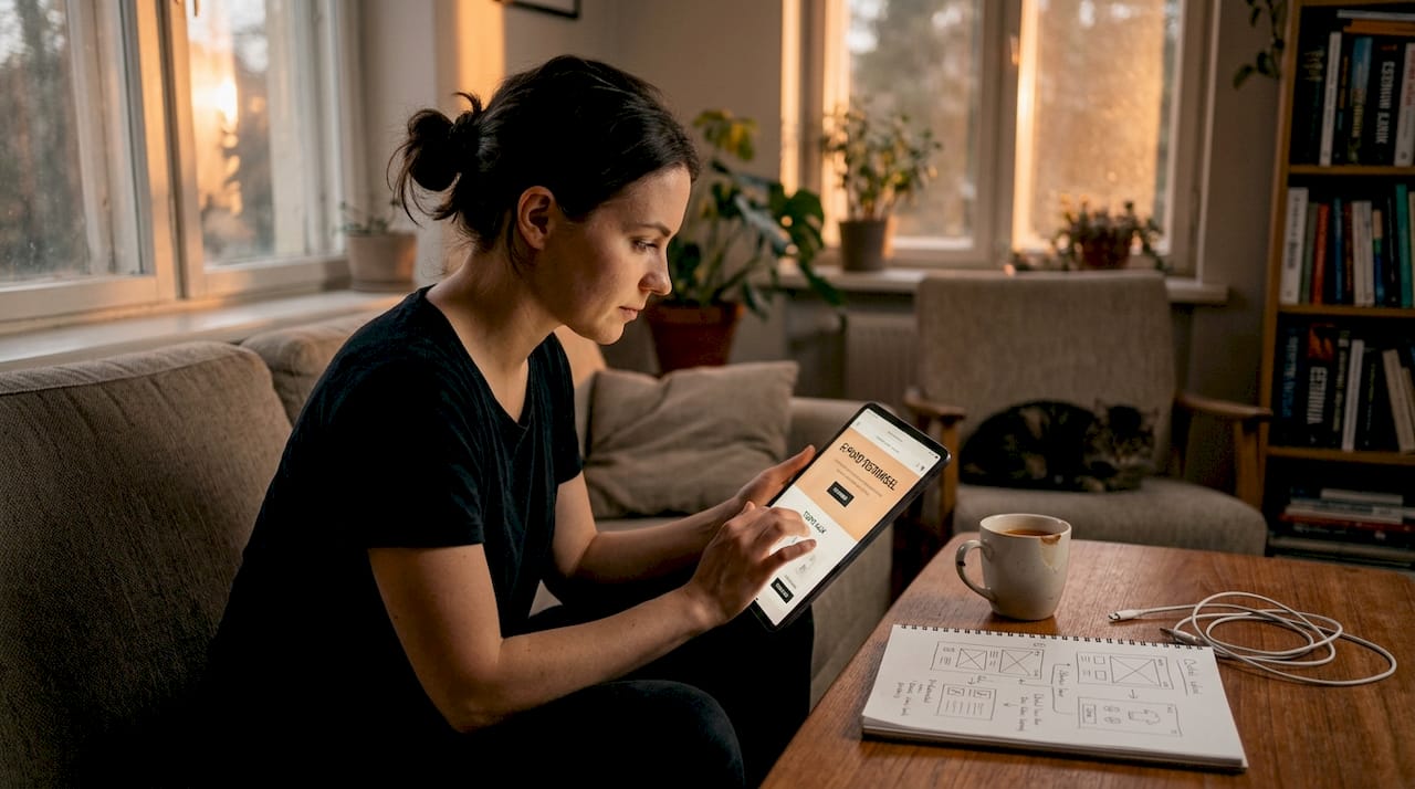 Naine katsetab kodus tahvelarvutiga veebipoodi.