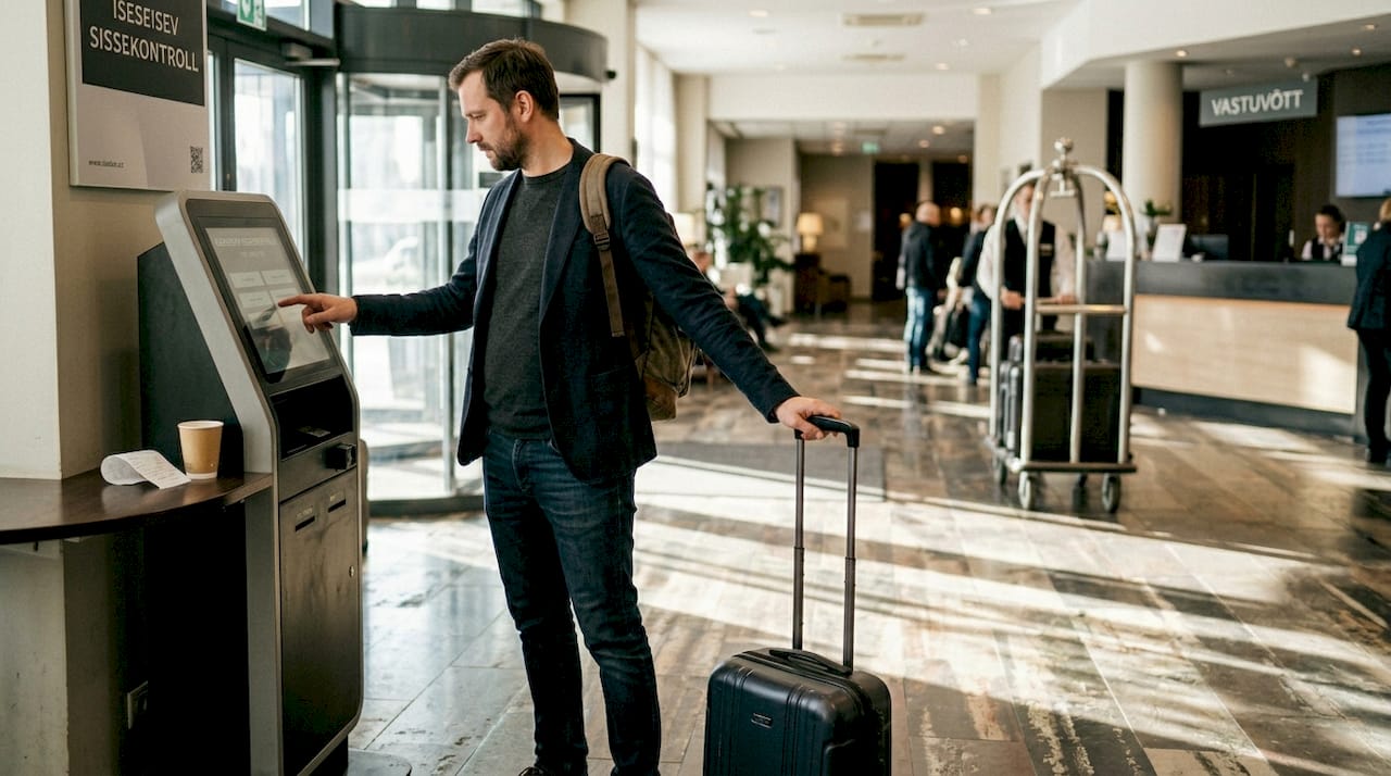 Külaline kasutab hotelli iseteenindusautomaati sisse registreerimiseks.