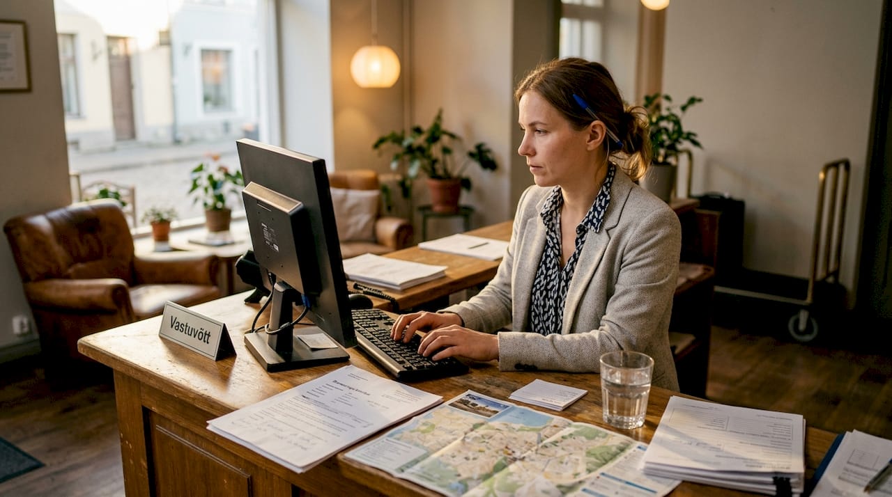 Vastuvõtutöötaja haldab hotellibroneeringuid veebis