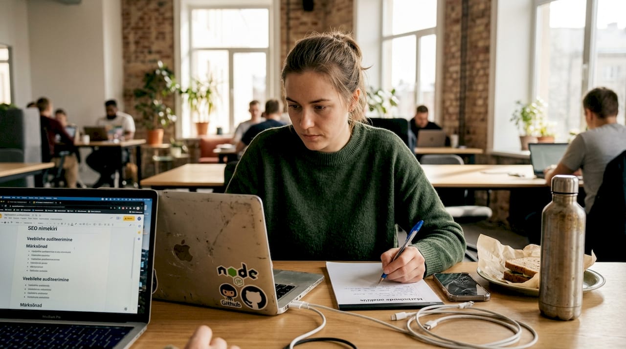 Veebiarendaja koostab coworking-kontoris uut SEO-teenuse plaani.