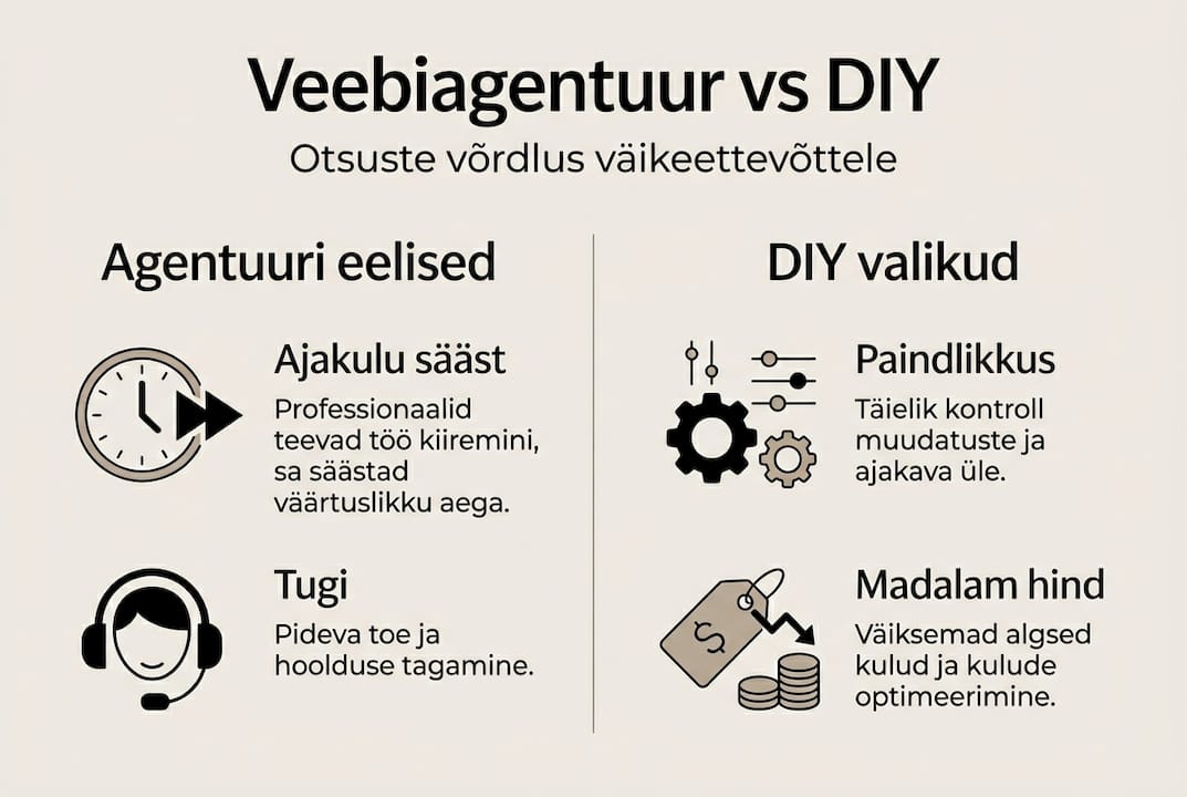 Võrdlustabel: Veebilehe tellimine agentuurist või ise tegemine – plussid ja miinused