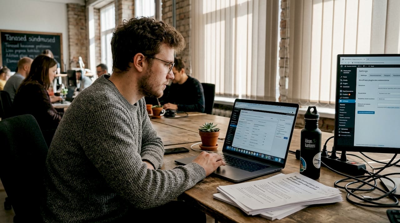 Mees täiendab oma WooCommerce e-poodi ühiskontoris.