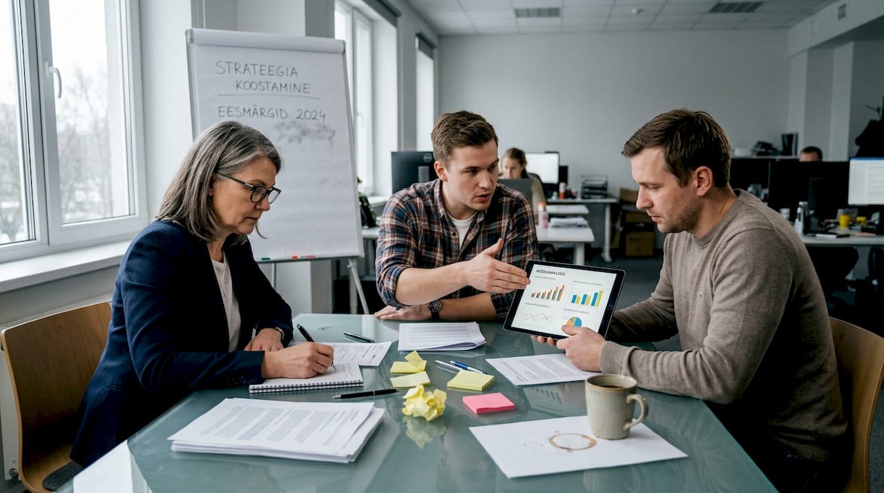 Töökaaslased arutavad koosolekul B2B e-kaubanduse andmeid ja analüüsivad tulemusi.