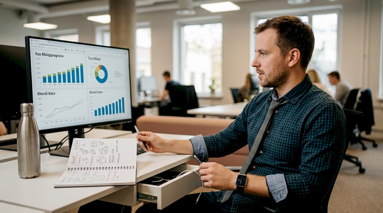 Ettevõtja analüüsib kontoris e-poe müügitulemuste kasvu.