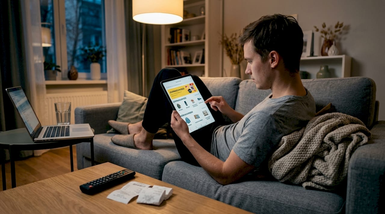 Mees sirvib õhtul elutoas arvutist e-poode