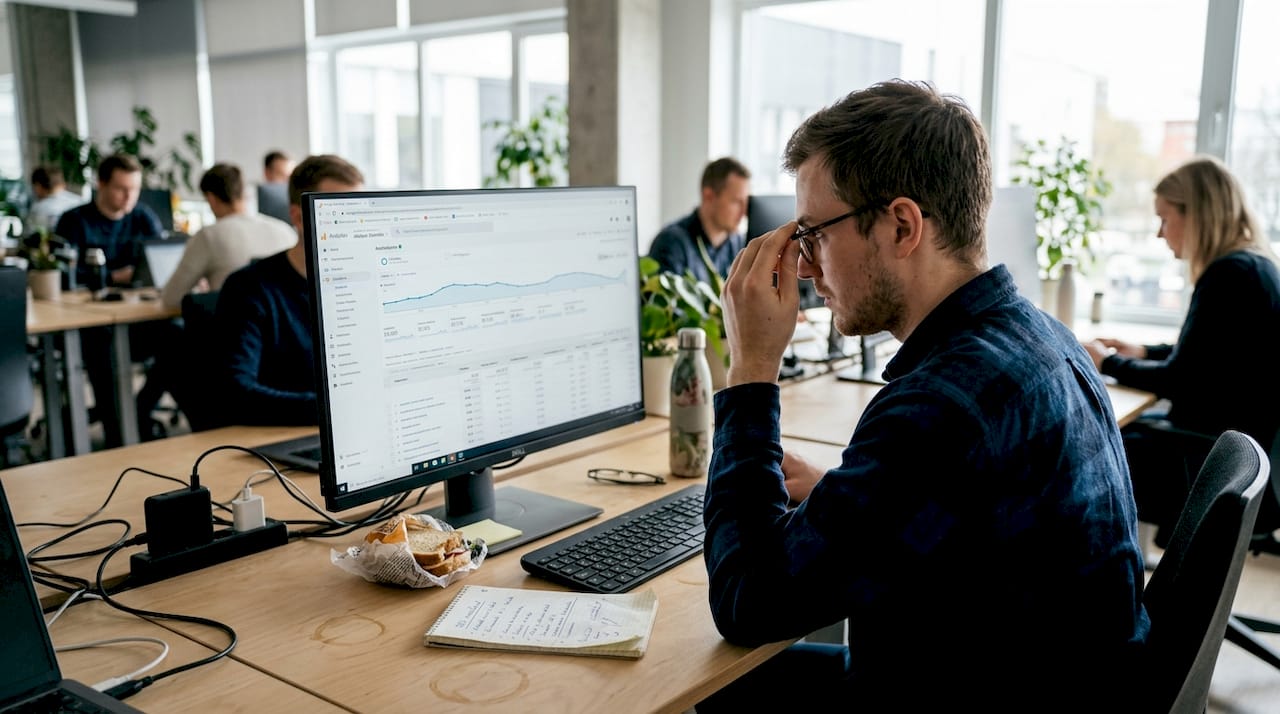 Mees istub töölaua taga ja uurib blogi SEO statistikat, otsides võimalusi, kuidas oma veebilehe nähtavust parandada.