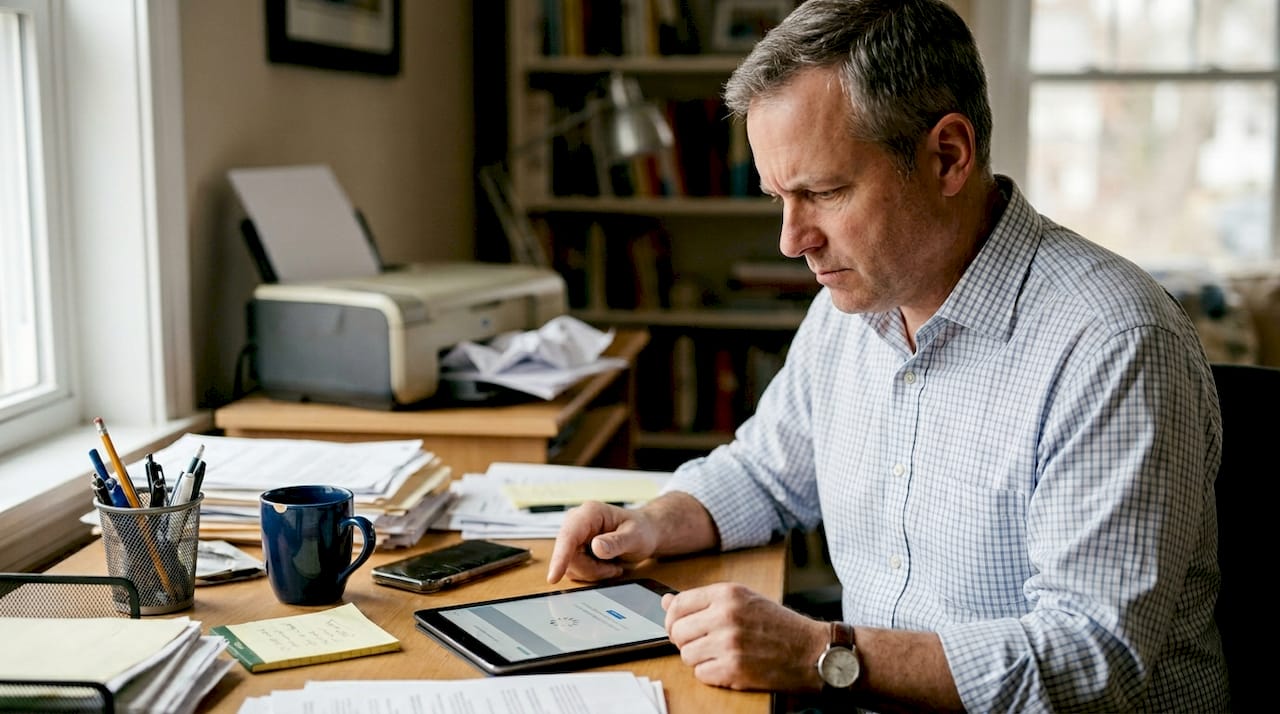 Mees sirvib kodukontoris äriveebi.