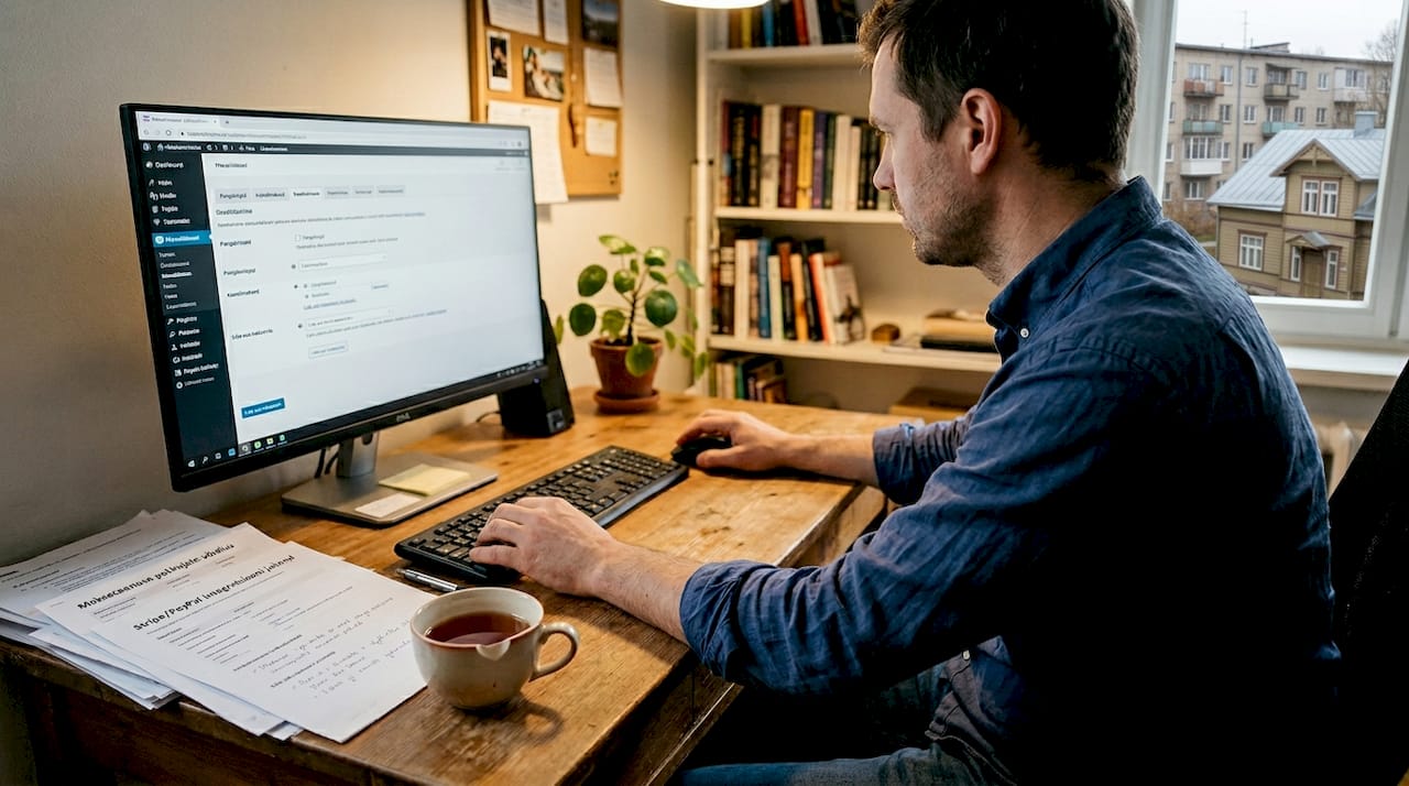 Mees seadistab arvutis makselahendusi ja ühendab vajalikud lisamoodulid.