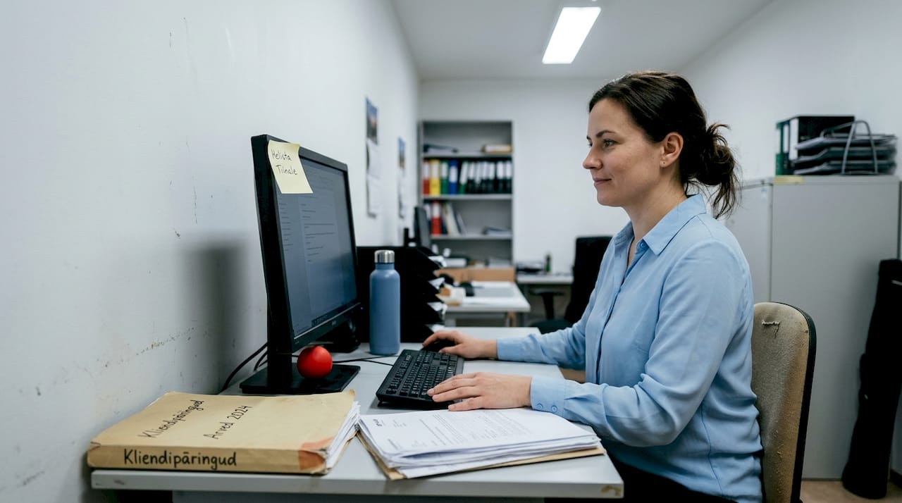 Naine istub tagasihoidliku töölaua taga ja vastab klientide e-kirjadele.