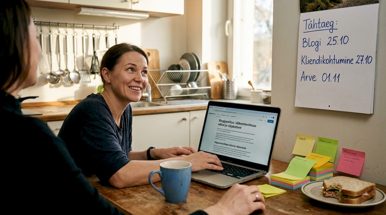 Ettevõtja istub köögilaua taga ja paneb kirja blogipostituse esialgseid mõtteid.
