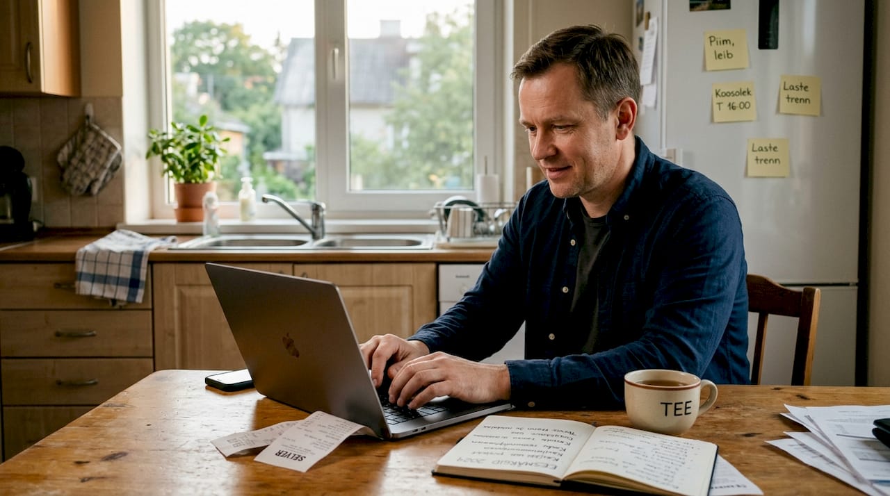 Mees seab köögilaua taga oma eesmärke paika.