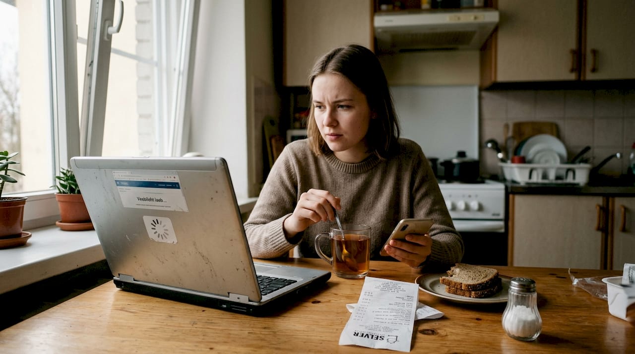 Naine ootab köögis, kuni aeglane veebileht lõpuks avaneb.