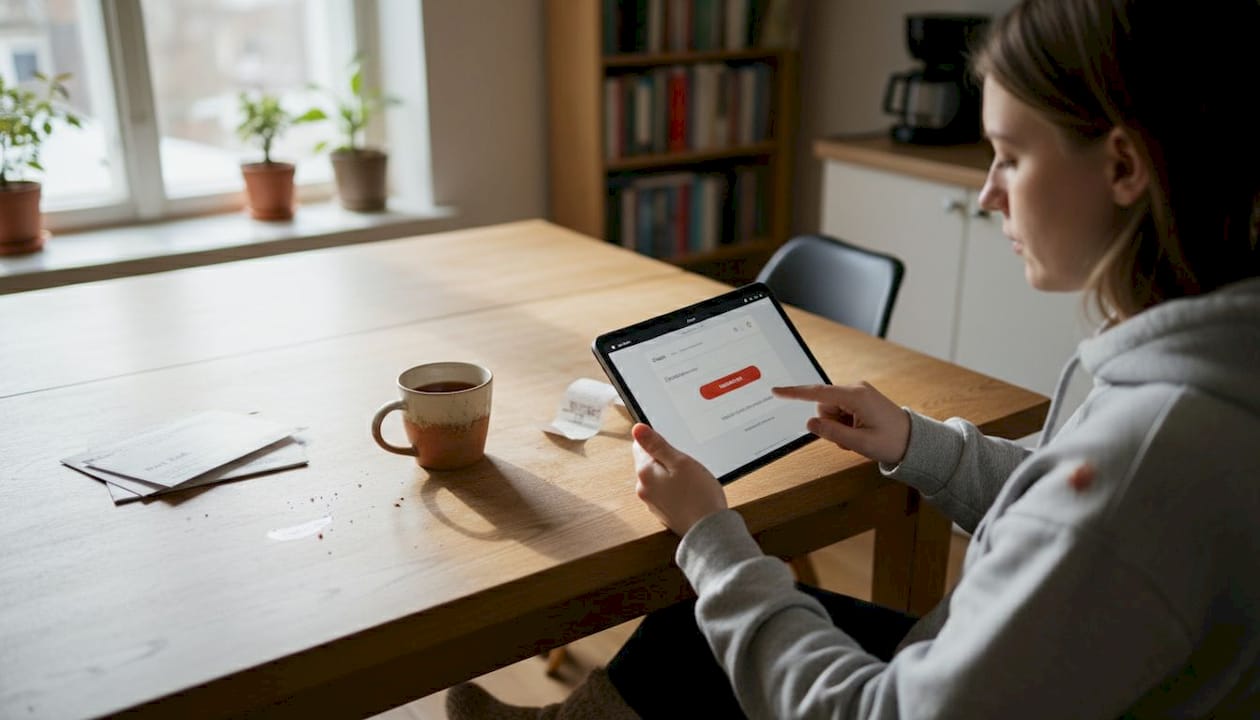 Inimene teeb köögilaua taga arvutis ostu ja kinnitab tellimuse.