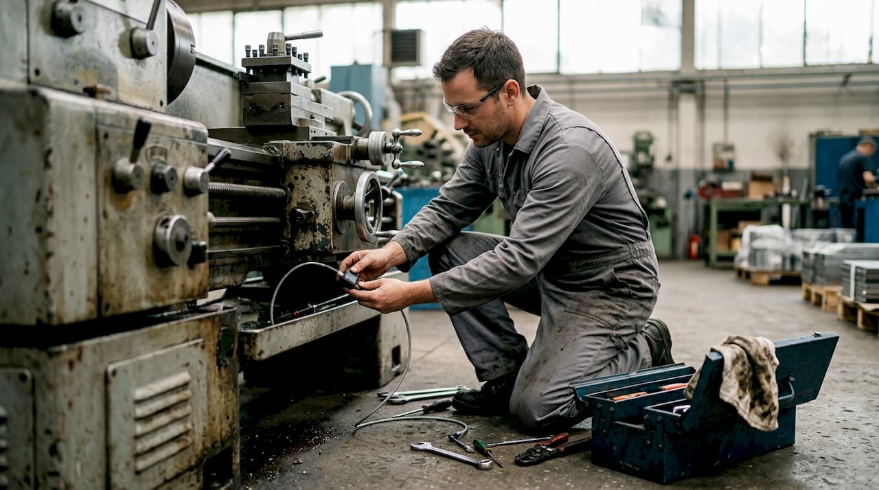 Tehnik paigaldab andurit tehase seadmele.