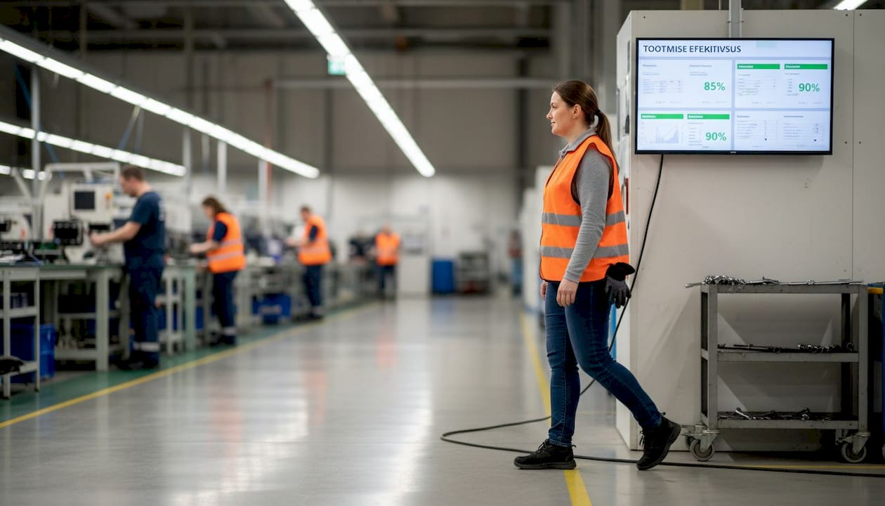 Töödejuhataja jälgib tehase tootmissaali digitaalselt juhtpaneelilt tööprotsessi.