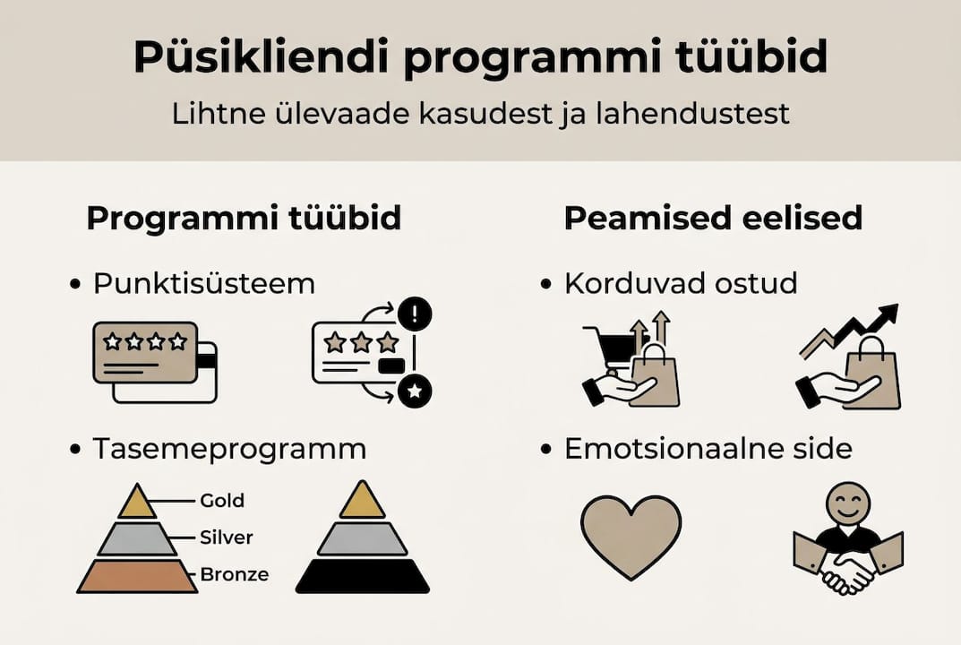Infograafik, mis tutvustab erinevaid lojaalsusprogrammide tüüpe ja nendega kaasnevaid eeliseid