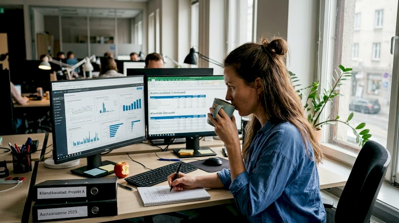 Töötaja tegeleb tööstusandmete juhtpaneelil analüüside ja ülevaadete koostamisega.