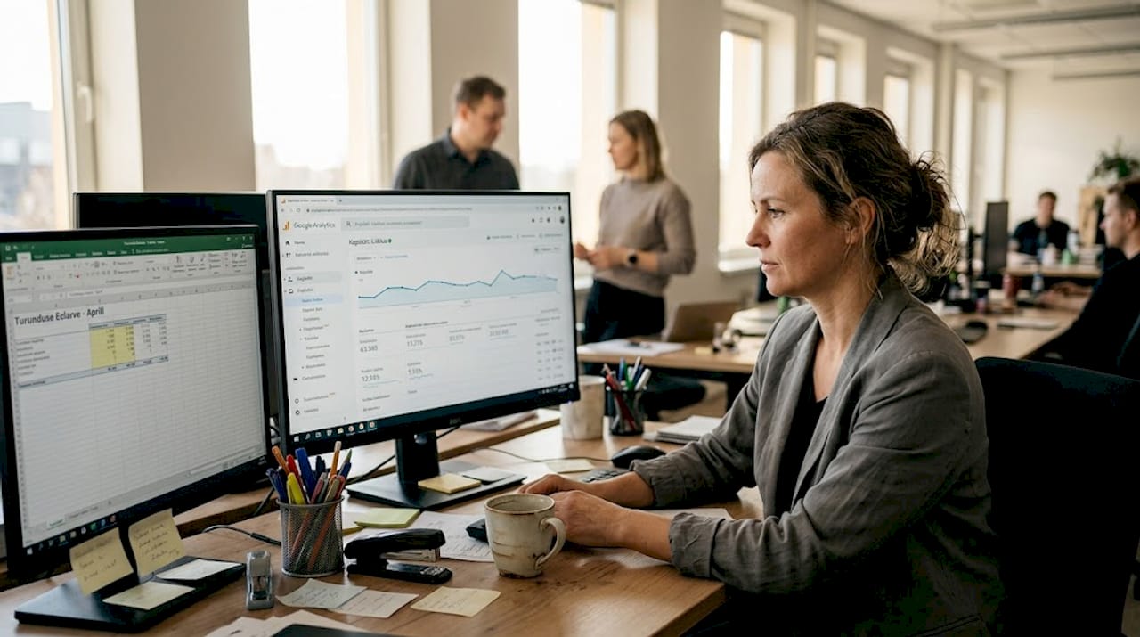 Juht uurib kontori melus värskeid analüütikaaruandeid.