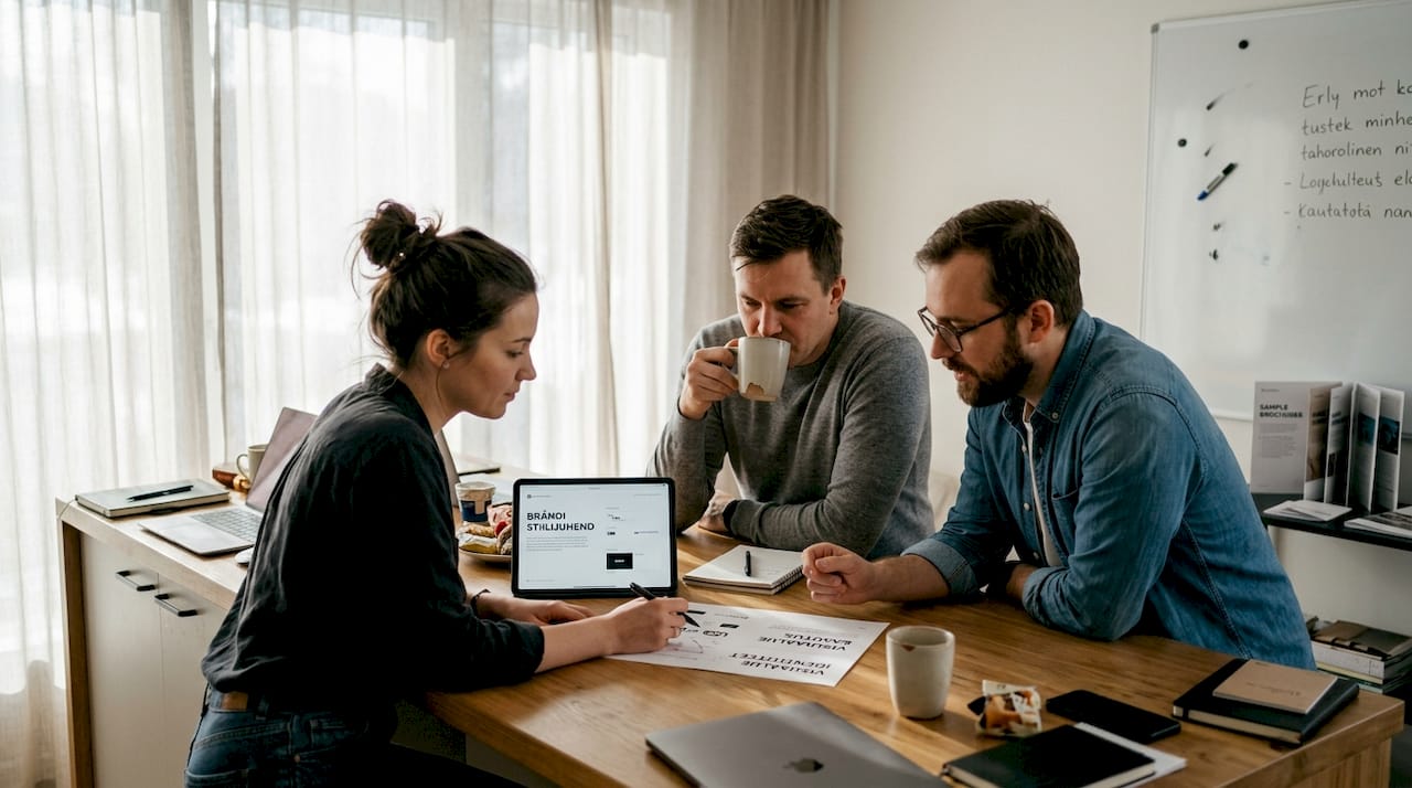 Töökaaslased arutavad kontoris brändi põhimõtteid ja juhiseid.