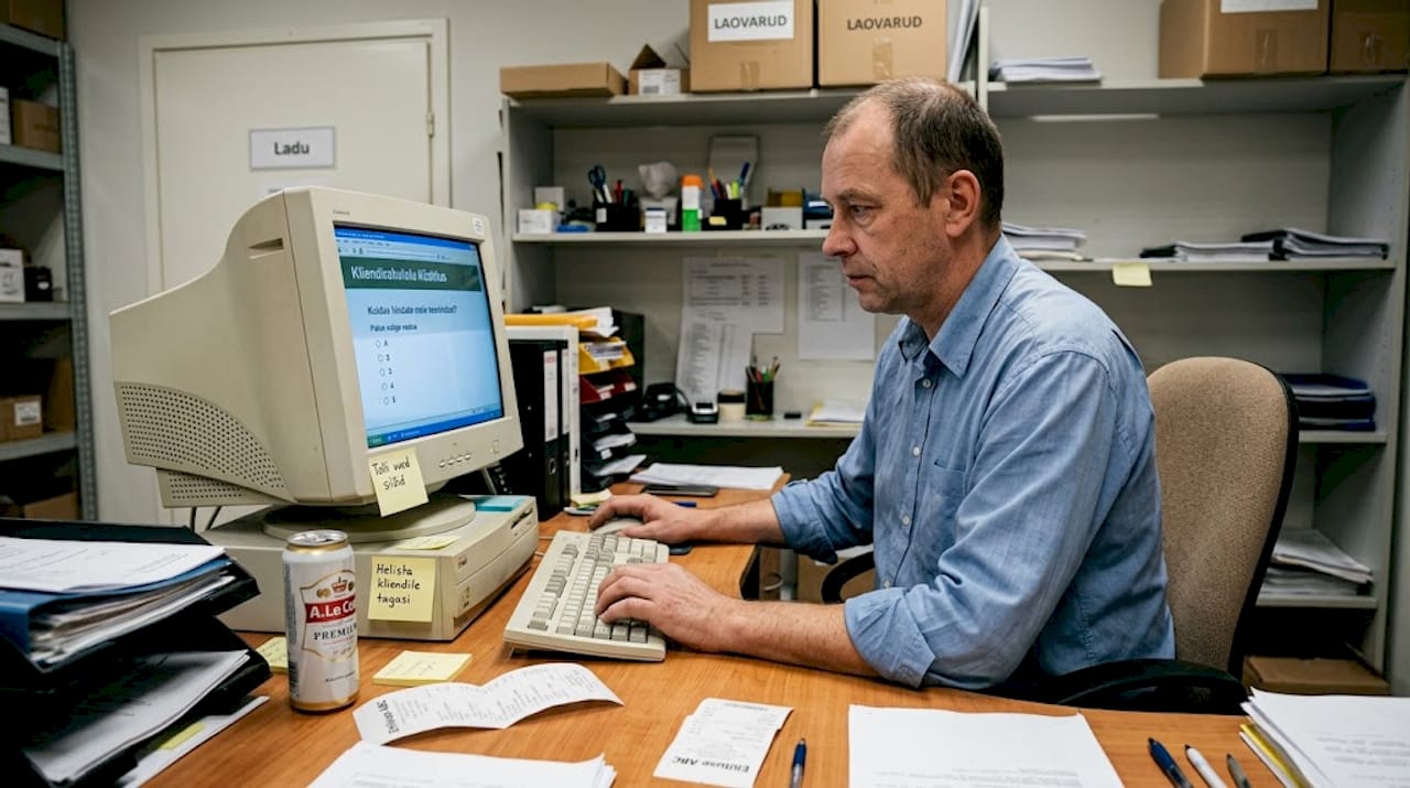 Mees täidab oma töölaua taga kliendirahulolu küsitlust.