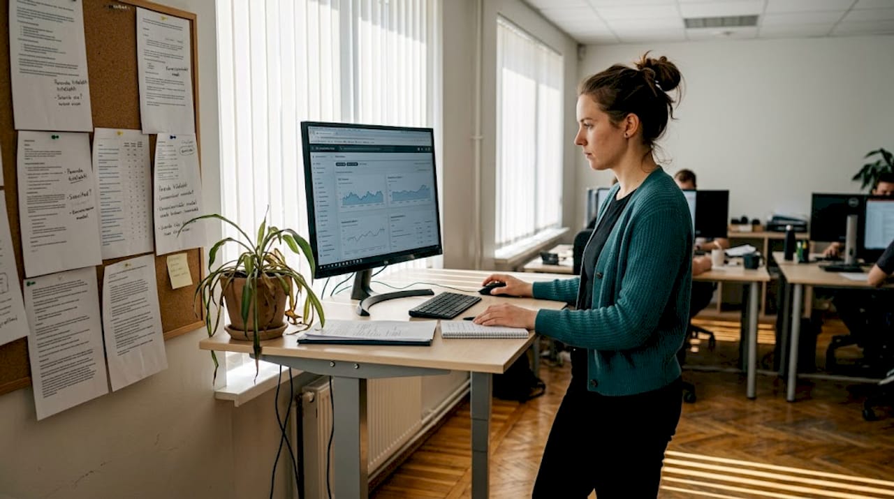 Kontoris istuv naine uurib ja analüüsib SEO andmeid arvutiekraanil.