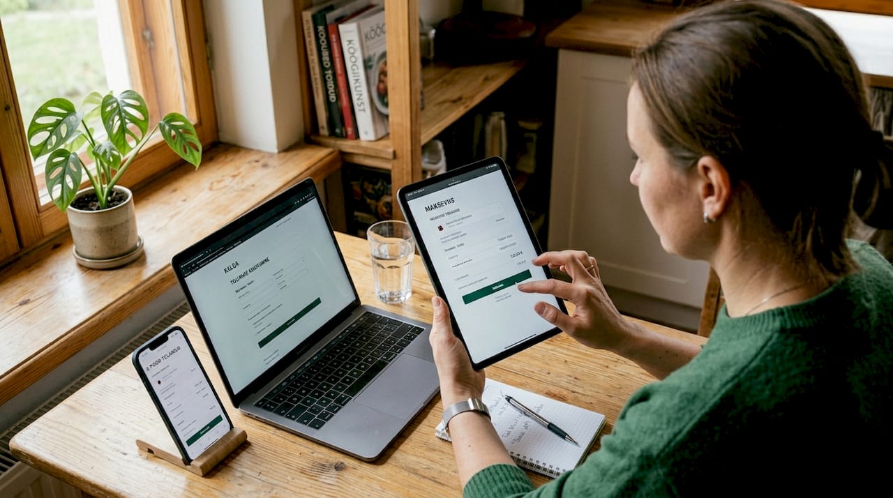 Naine proovib erinevaid maksevõimalusi kolmel erineval seadmel.