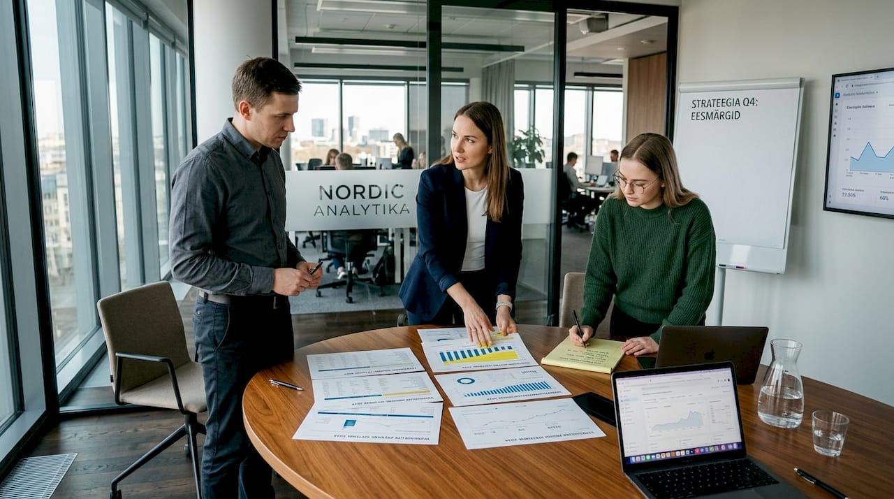 Meeskond arutab koosolekul veebilehe külastusstatistikat ja analüüsib tulemusi.