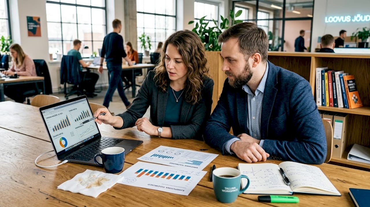 Turundustiim analüüsib kontoris kampaania tulemusi ja arutab, kuidas järgmisi samme planeerida.