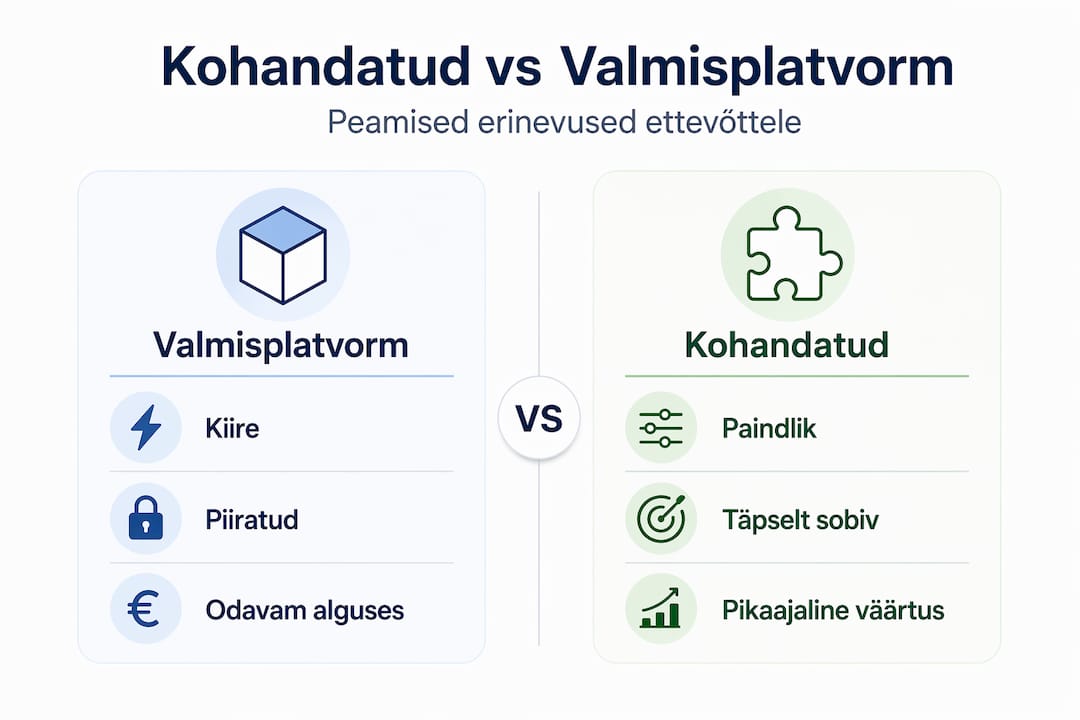 Võrdlev infograafik: eritellimusel loodud platvormid vs valmislahendused