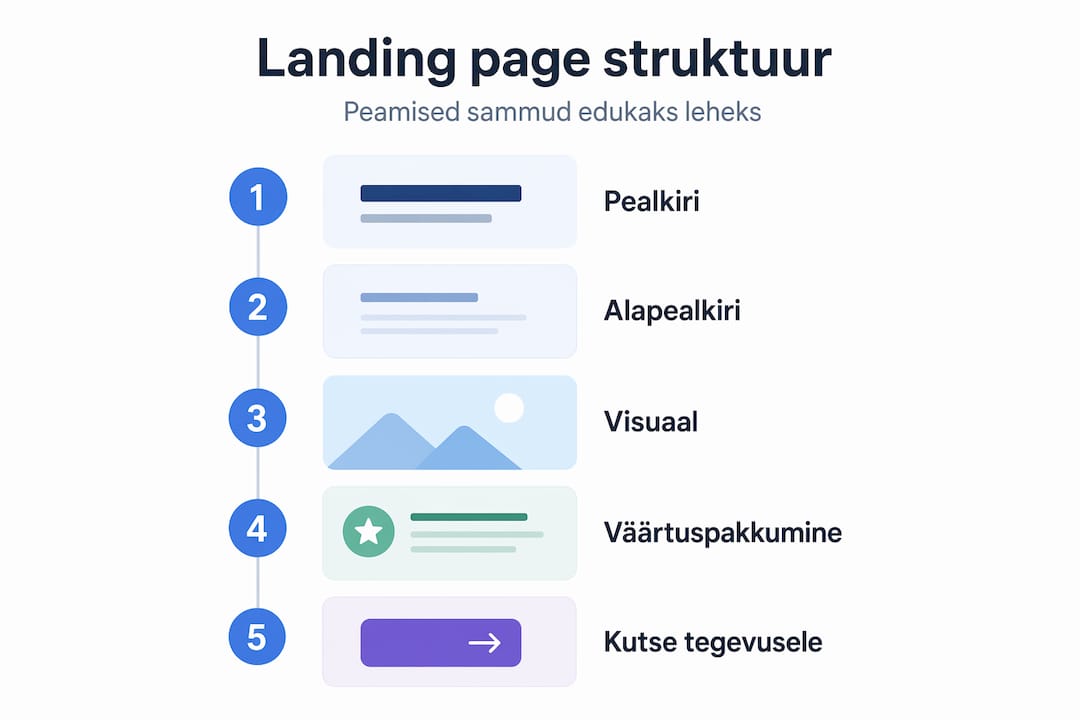 Infograafik, mis näitab maandumislehe ülesehitust samm-sammult vertikaalselt.
