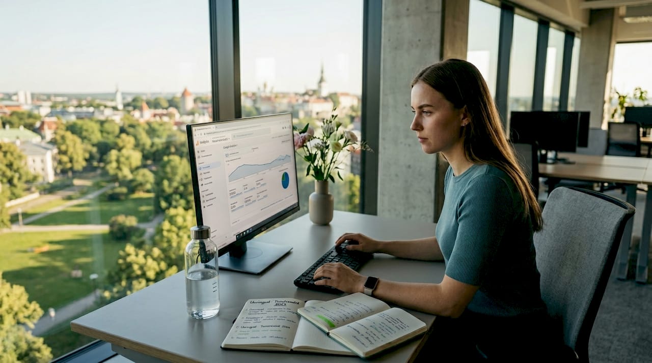Kontoris noor naine uurib veebilehe statistikat ja analüüsib tulemusi.