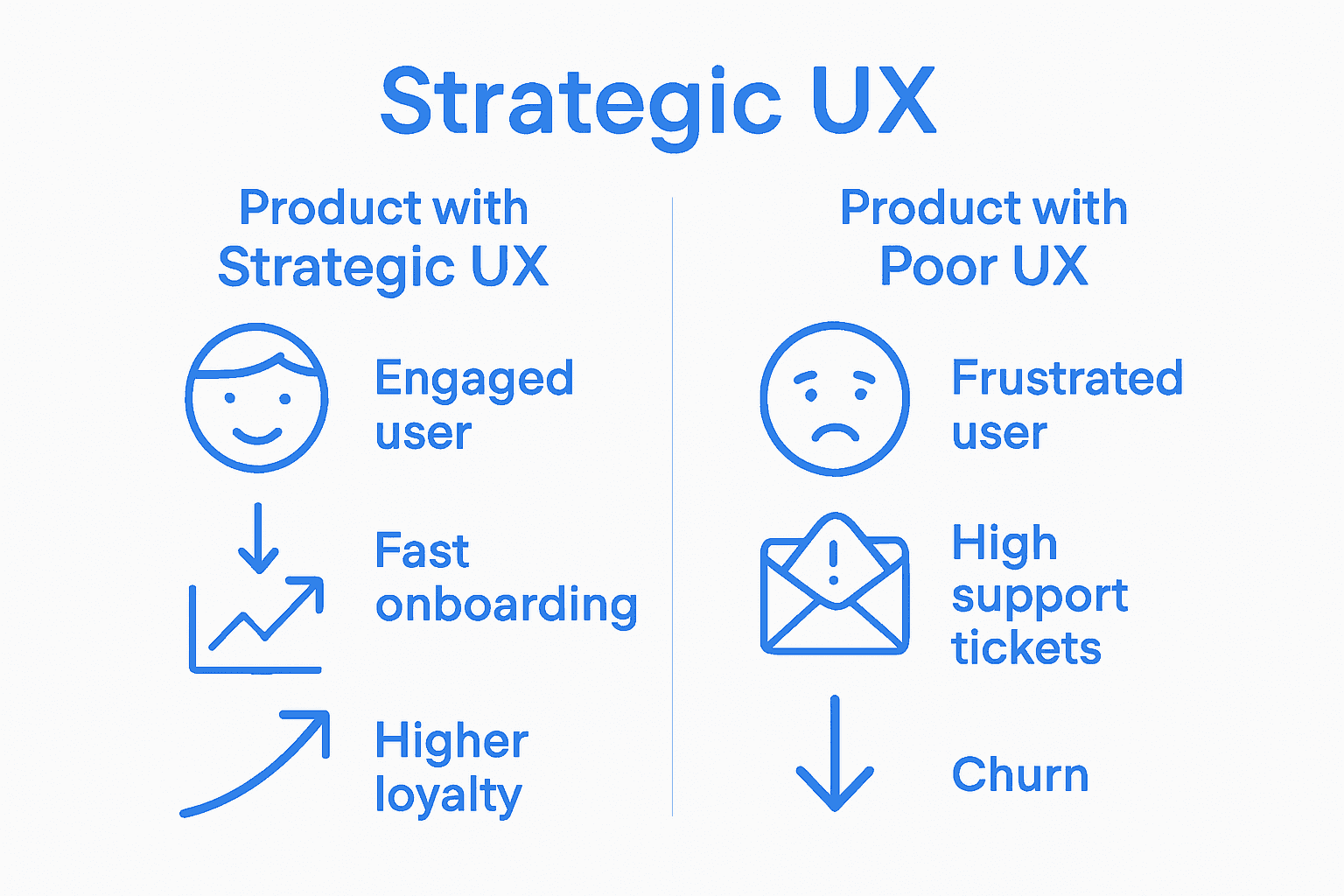 Infographic comparing SaaS with strong UX and weak UX outcomes.
