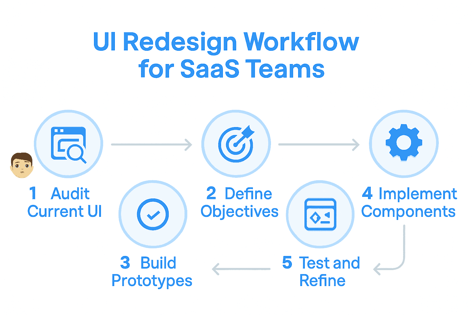 UI redesign workflow infographic with five steps connected by arrows