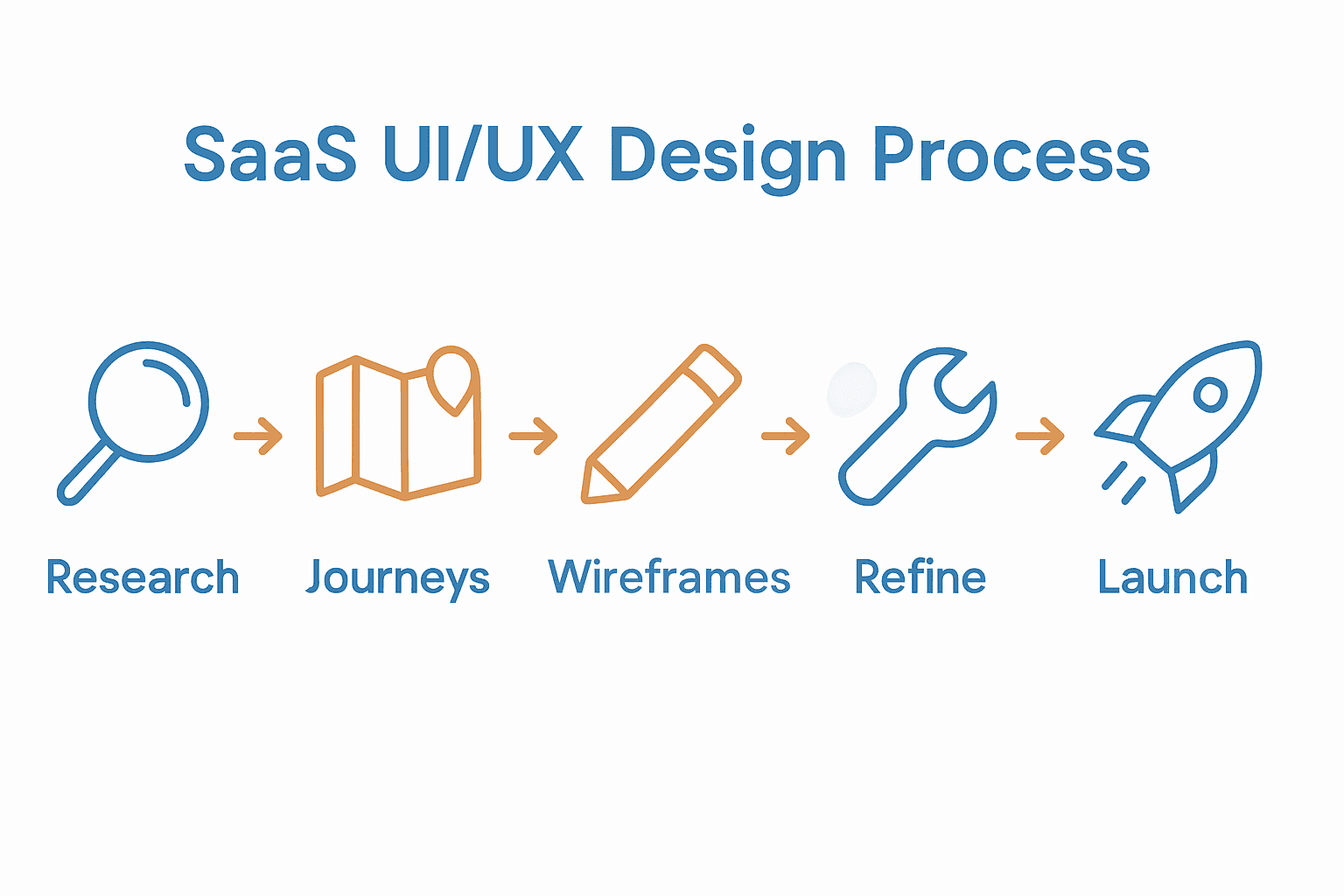 Six-step SaaS UI/UX design process infographic with icons for each stage.
