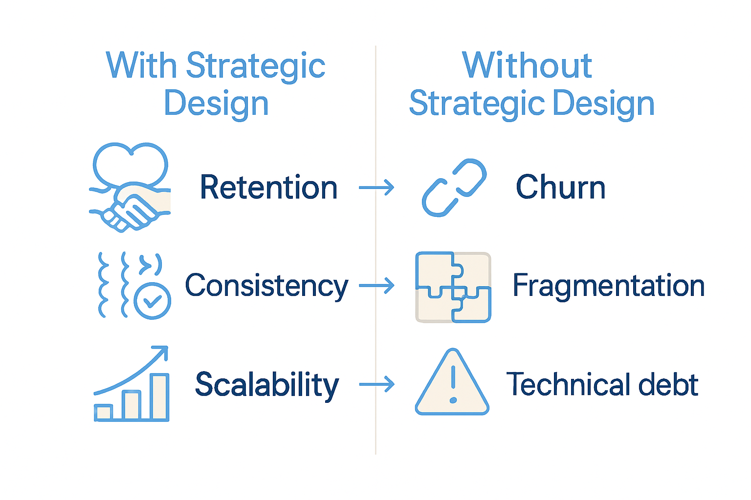 Infographic comparing SaaS with and without strategic design using icons and brief labels.