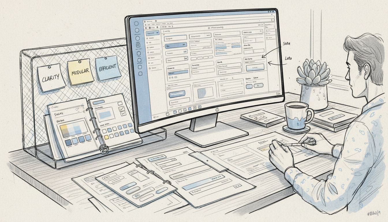 Designer desk showing modular SaaS UI redesign