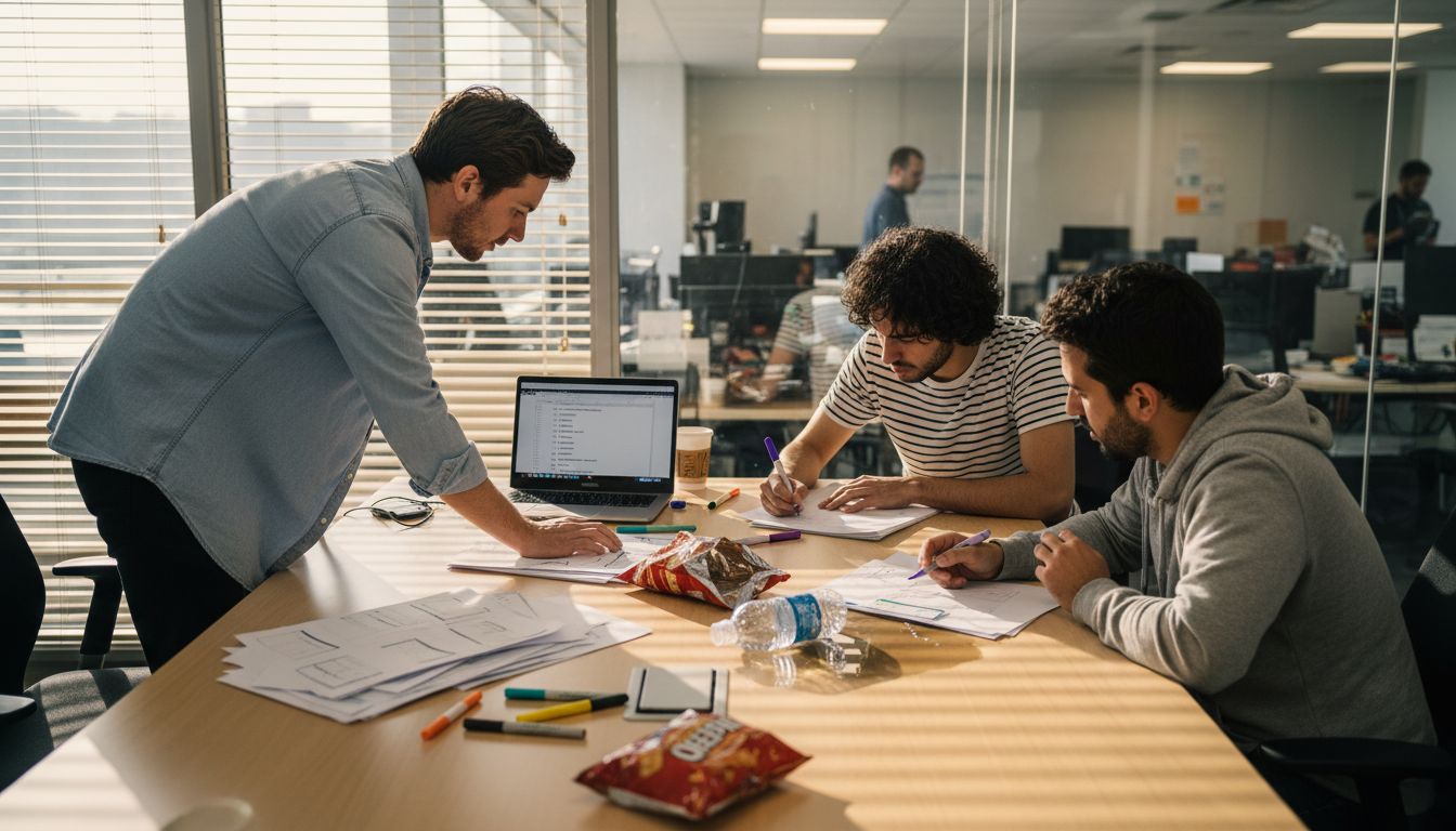 Team collaborating on SaaS design with prototypes