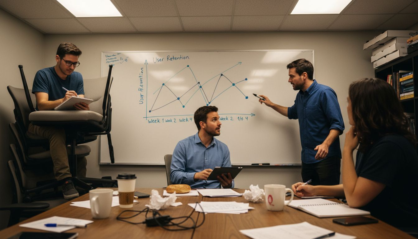 Team discussing customer retention whiteboard