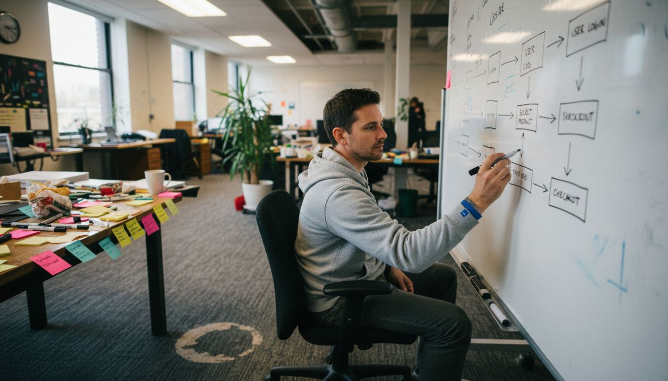 Designer mapping SaaS journey on whiteboard