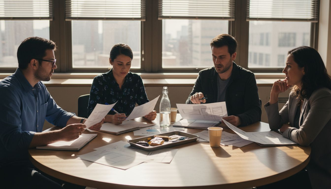 Mixed SaaS project team collaborating at table