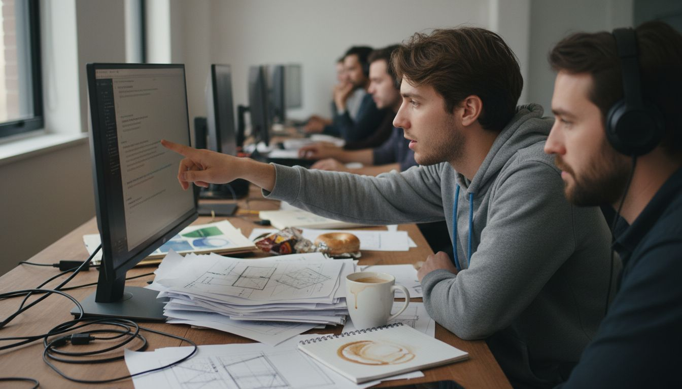Designer and engineer discussing at a messy desk