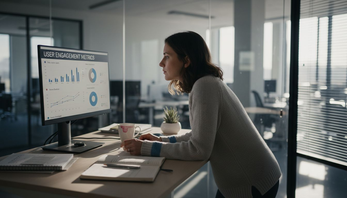 Product manager analyzing user metrics dashboard