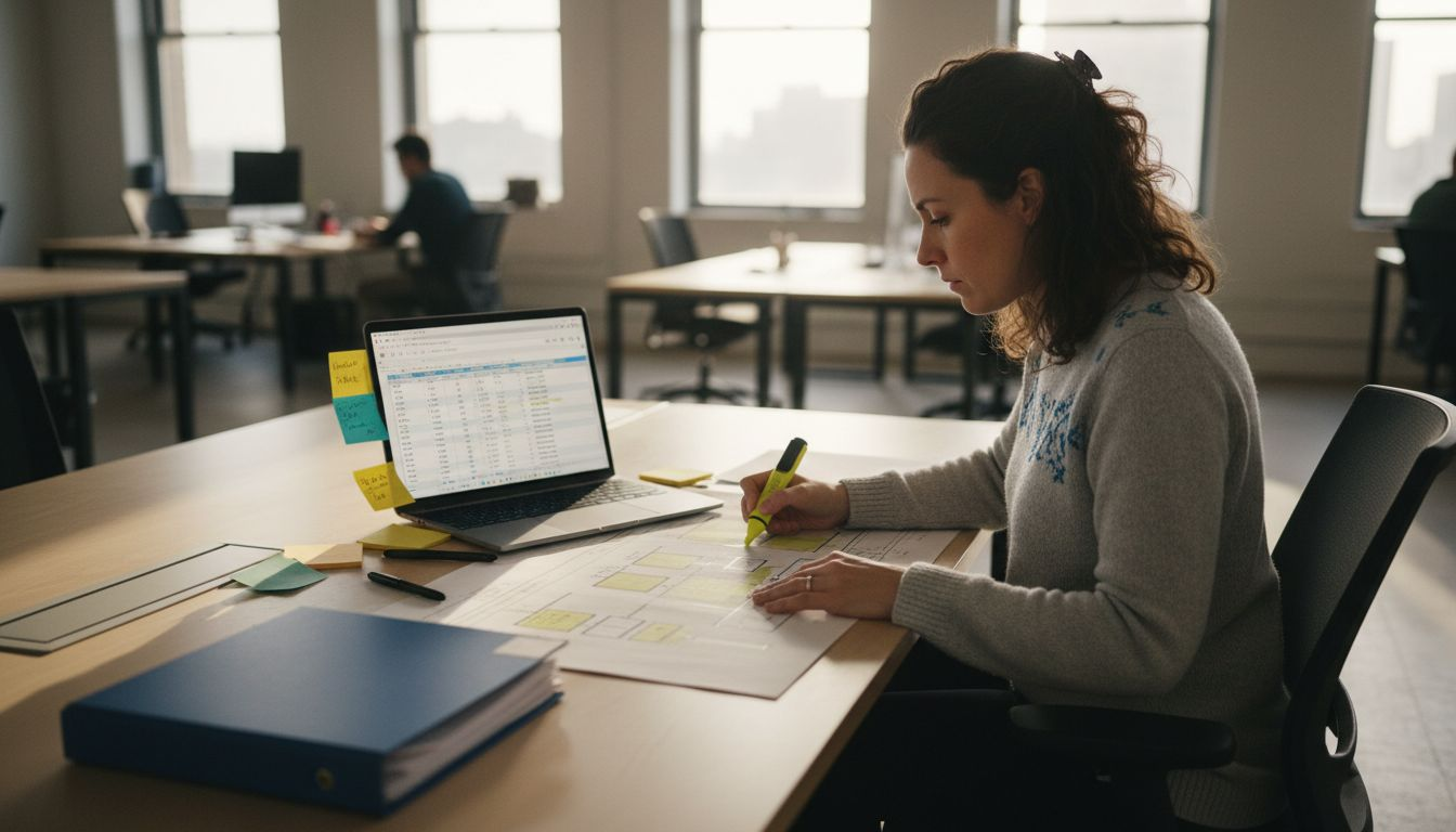 UX analyst reviewing product audit materials