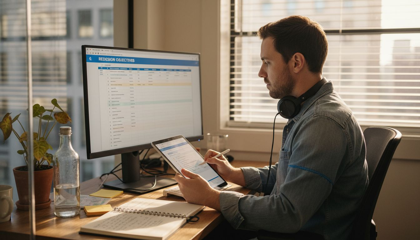 Manager drafting SaaS redesign objectives