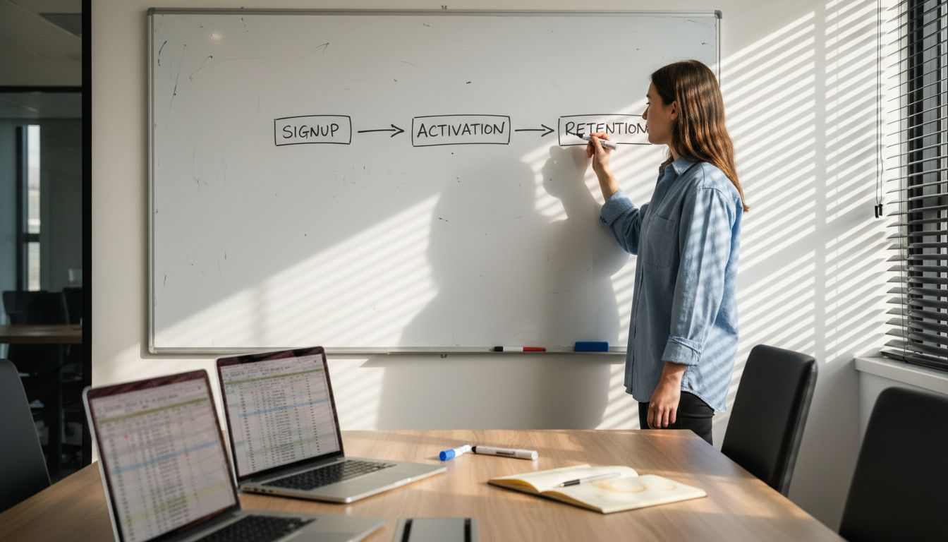 Manager mapping funnel stages on whiteboard