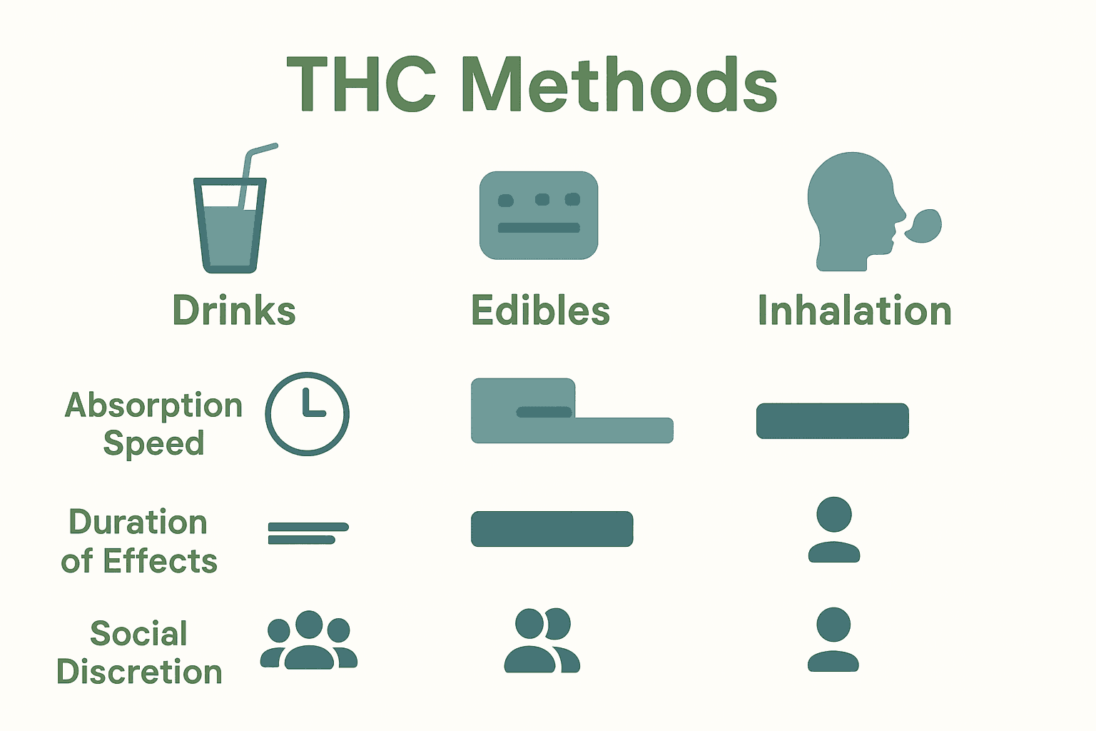 Infographic comparing THC drinks, edibles, and inhalation by speed, duration, and discretion.