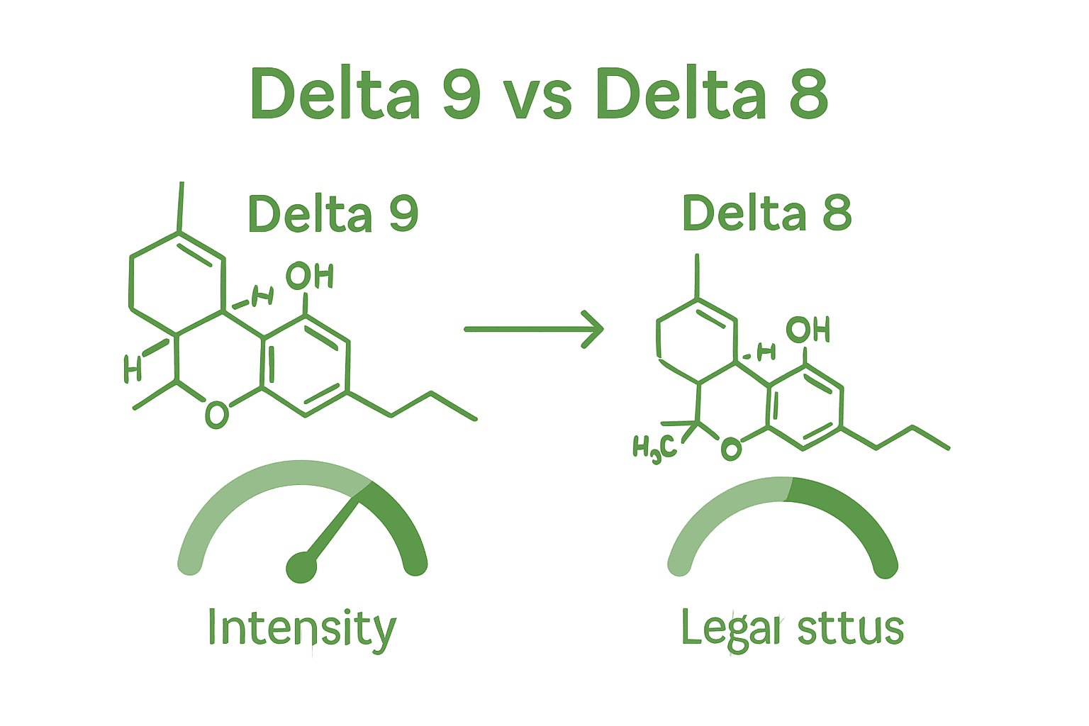 Infographic comparing Delta 9 THC and Delta 8 THC potency and effects